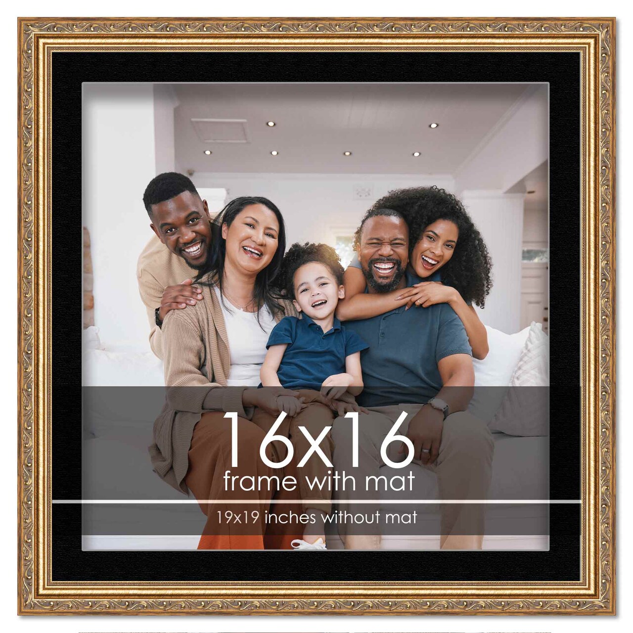 Antique Gold Frame with Black Photo Mat, UV Acrylic Front, Foam Board Backing, 60 Sizes Available